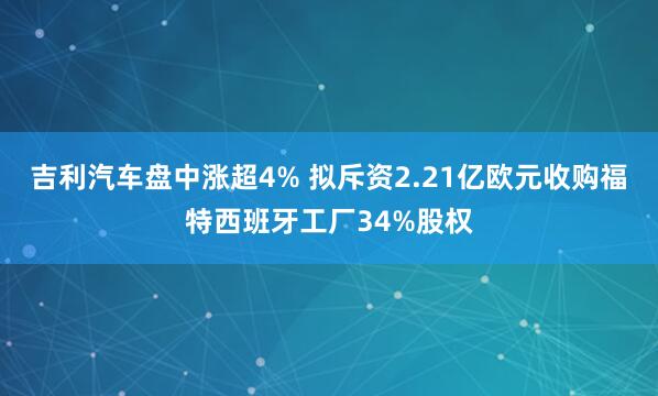 吉利汽车盘中涨超4% 拟斥资2.21亿欧元收购福特西班牙工厂34%股权